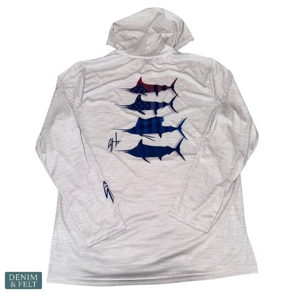 Guy Harvey White Fishing Hoodie LS Marlin American Flag UPF50 Performance L NEW - Picture 3 of 7